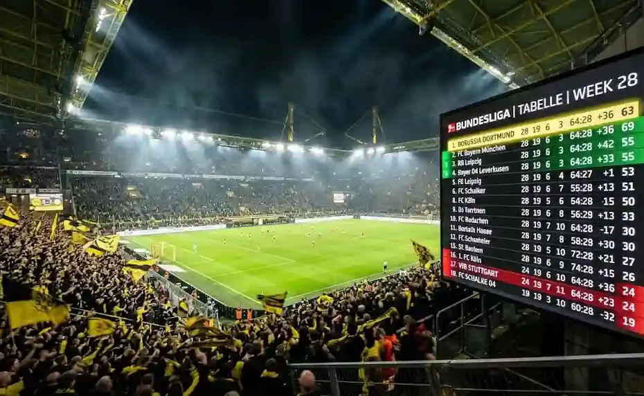 A wide-angle photo of a crowded German football stadium under bright night lights, featuring a modern digital scoreboard with an illuminated league table.