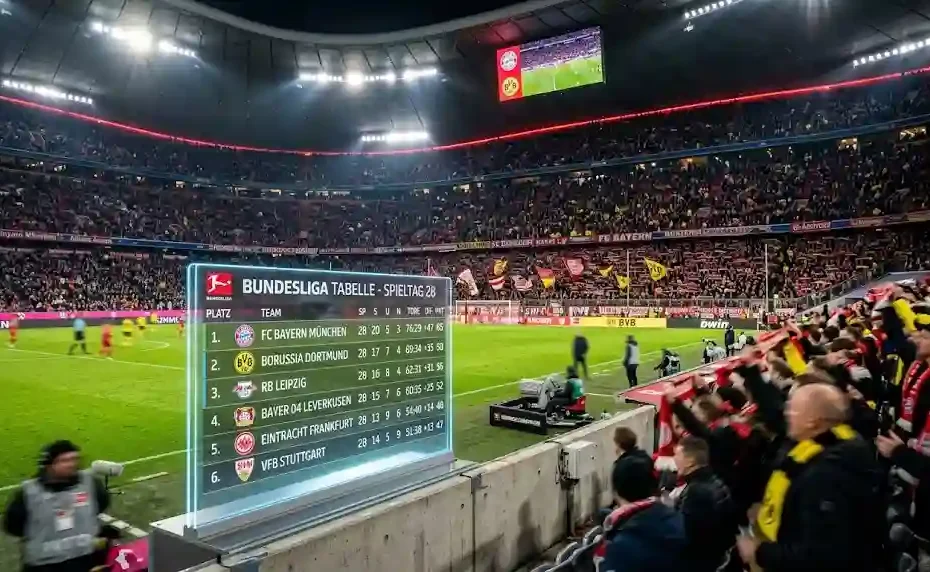 Futuristic holographic screen displaying the Bundesliga table standings inside a crowded German football stadium at night under floodlights.