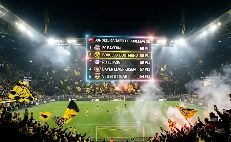 Packed German football stadium at night under bright floodlights featuring a holographic scoreboard display of the Bundesliga standings.